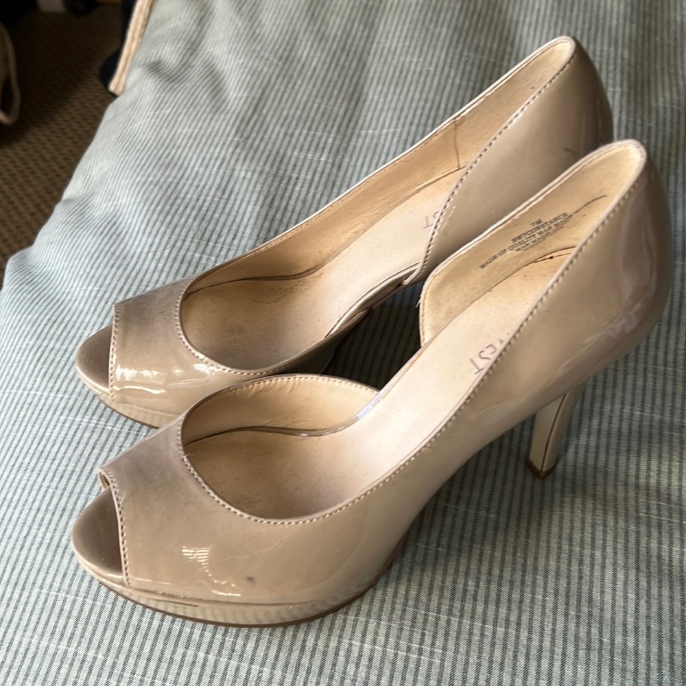 Tan peep toe high heels well worn but in good condition